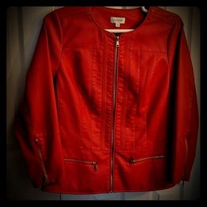 Faux Leather and knit red zipper front jacket